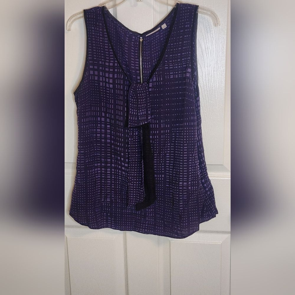Halogen L Purple Black 100% SILK Slvless Back Side Zipper Polka Dots Women’s Top